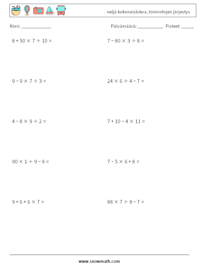 (10) neljä kokonaislukua, toimintojen järjestys Matematiikan laskentataulukot 16