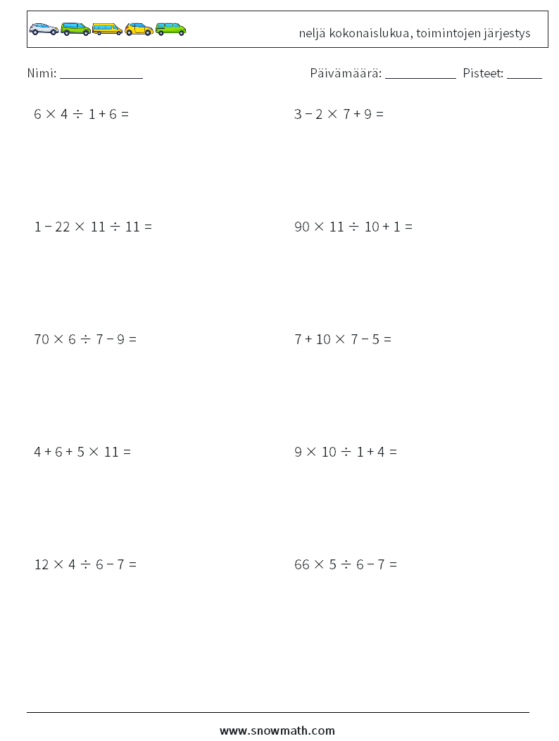 (10) neljä kokonaislukua, toimintojen järjestys Matematiikan laskentataulukot 8