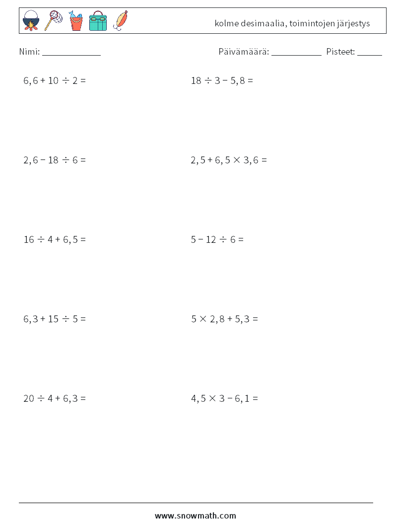 (10) kolme desimaalia, toimintojen järjestys Matematiikan laskentataulukot 10