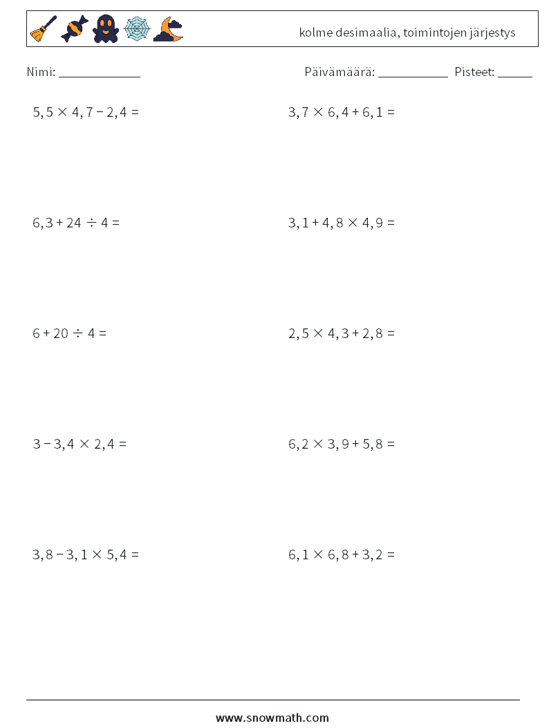 (10) kolme desimaalia, toimintojen järjestys Matematiikan laskentataulukot 15