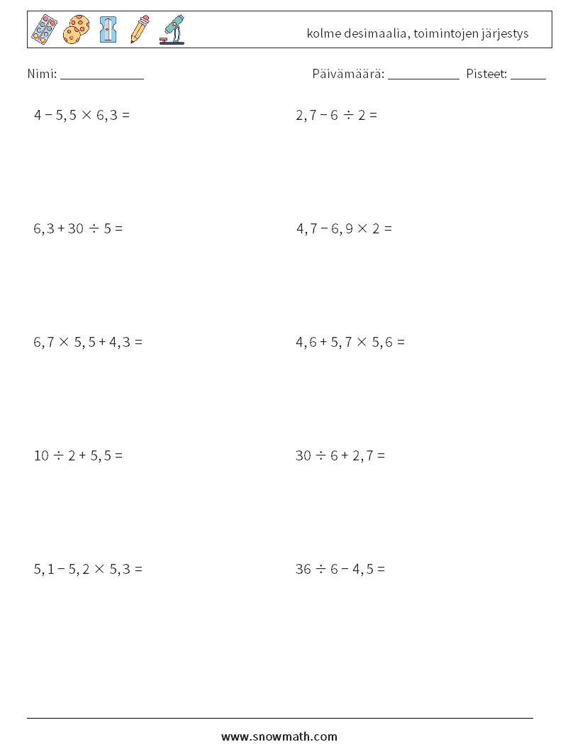 (10) kolme desimaalia, toimintojen järjestys Matematiikan laskentataulukot 2