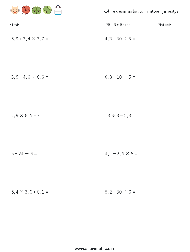 (10) kolme desimaalia, toimintojen järjestys Matematiikan laskentataulukot 3