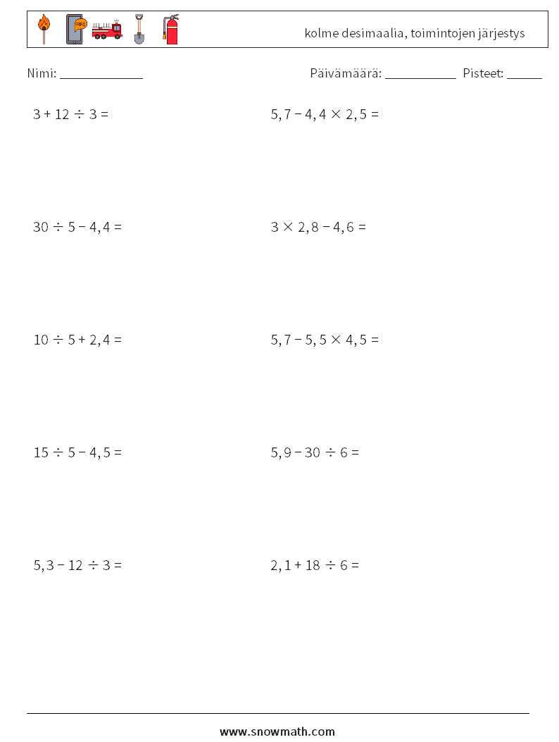 (10) kolme desimaalia, toimintojen järjestys Matematiikan laskentataulukot 5