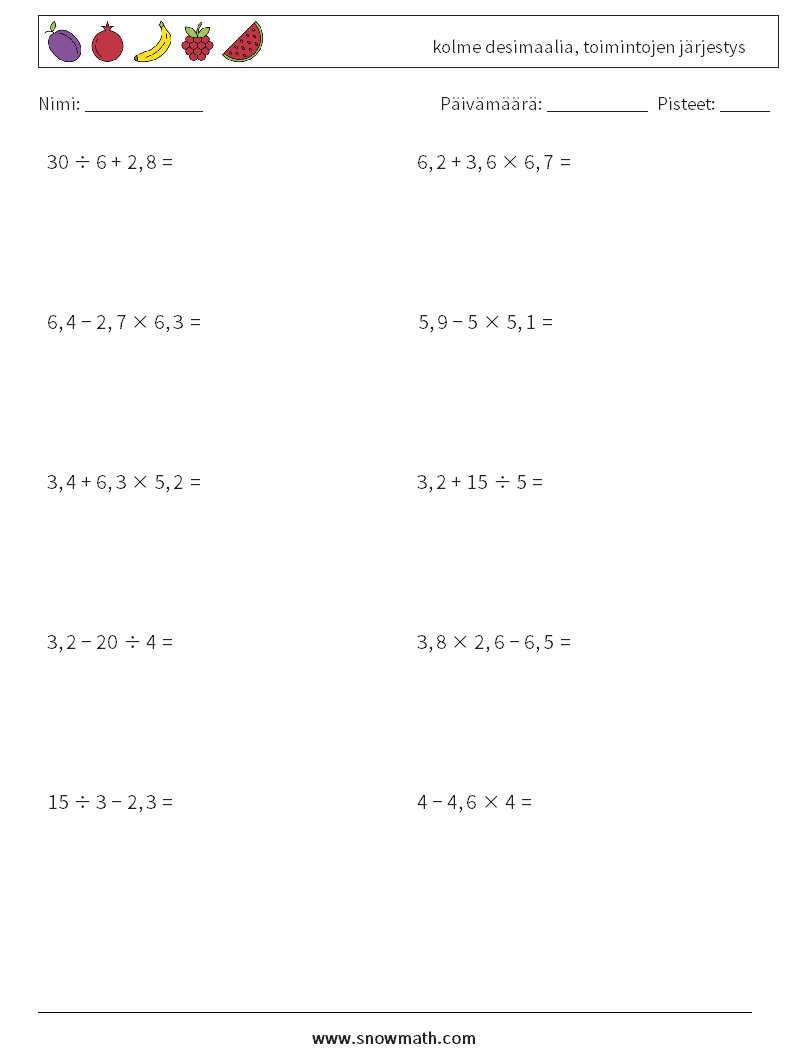 (10) kolme desimaalia, toimintojen järjestys Matematiikan laskentataulukot 9