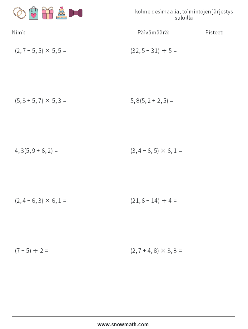 (10) kolme desimaalia, toimintojen järjestys suluilla Matematiikan laskentataulukot 11