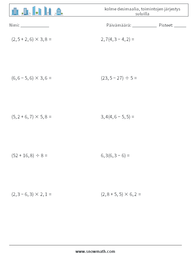 (10) kolme desimaalia, toimintojen järjestys suluilla Matematiikan laskentataulukot 12
