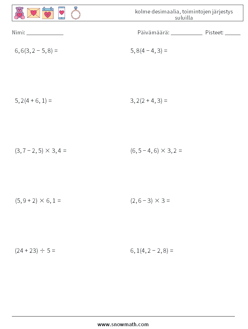 (10) kolme desimaalia, toimintojen järjestys suluilla Matematiikan laskentataulukot 13