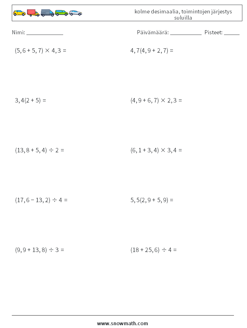 (10) kolme desimaalia, toimintojen järjestys suluilla Matematiikan laskentataulukot 16