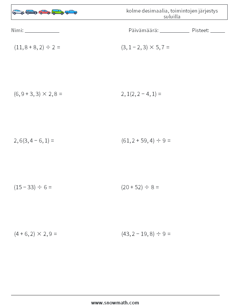 (10) kolme desimaalia, toimintojen järjestys suluilla Matematiikan laskentataulukot 17