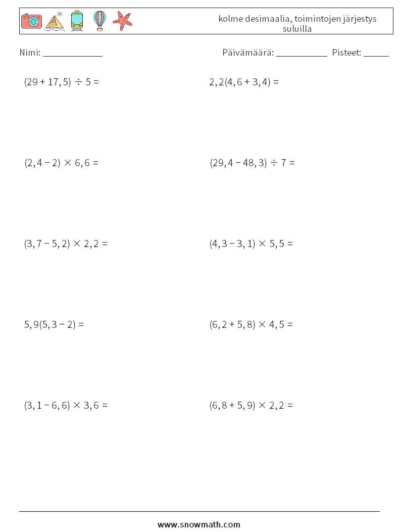 (10) kolme desimaalia, toimintojen järjestys suluilla Matematiikan laskentataulukot 18