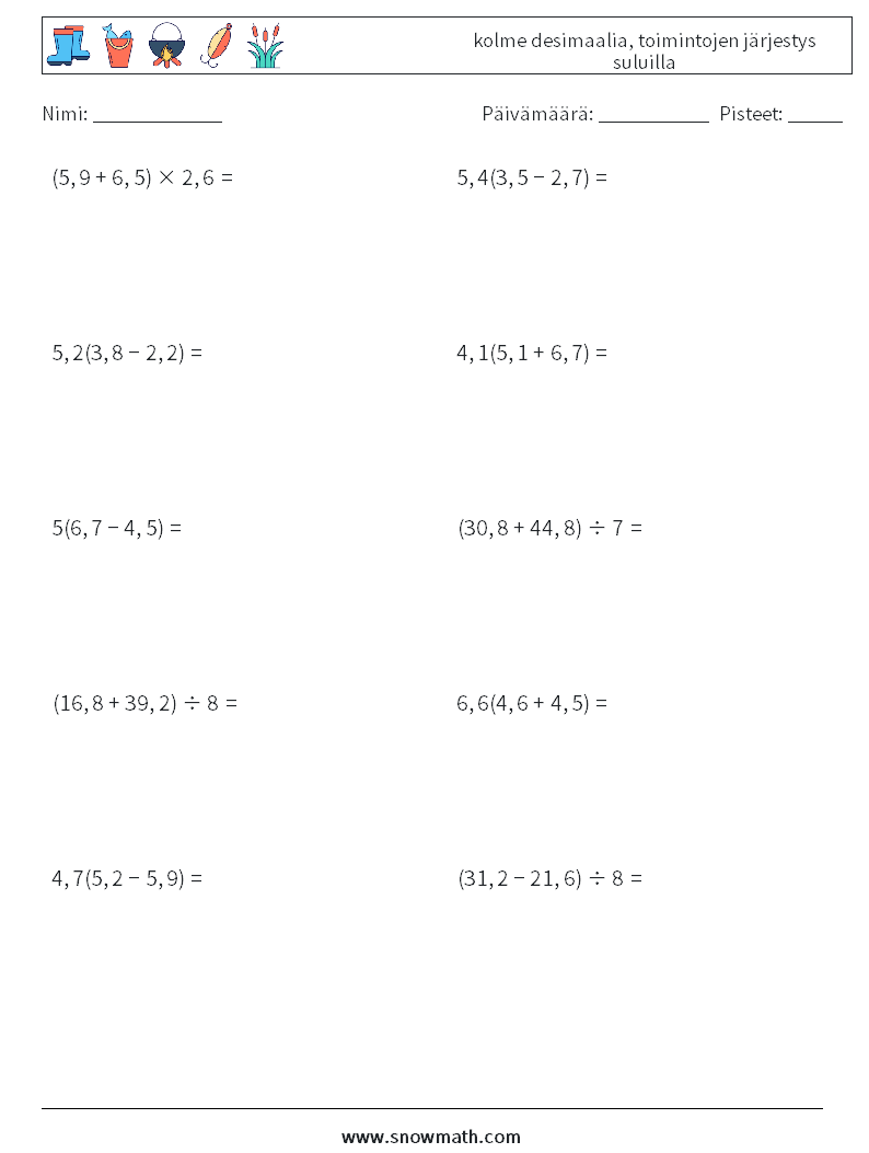 (10) kolme desimaalia, toimintojen järjestys suluilla Matematiikan laskentataulukot 2
