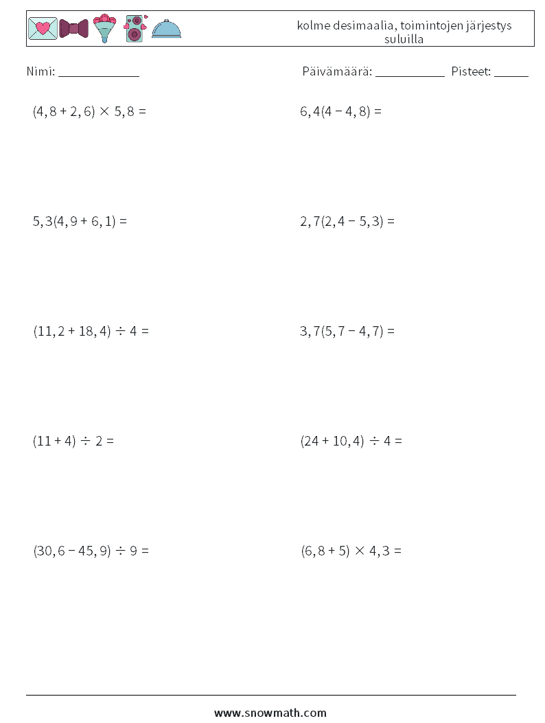 (10) kolme desimaalia, toimintojen järjestys suluilla Matematiikan laskentataulukot 3