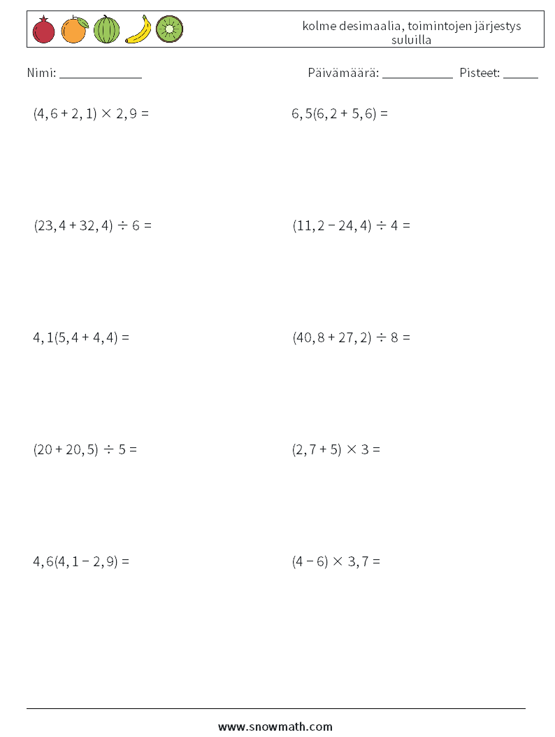 (10) kolme desimaalia, toimintojen järjestys suluilla Matematiikan laskentataulukot 4