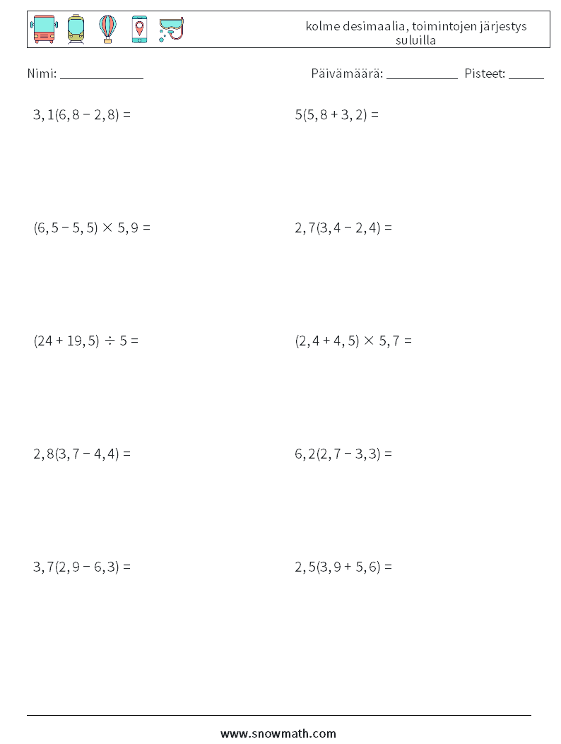 (10) kolme desimaalia, toimintojen järjestys suluilla Matematiikan laskentataulukot 6