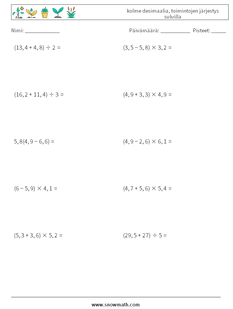 (10) kolme desimaalia, toimintojen järjestys suluilla Matematiikan laskentataulukot 8