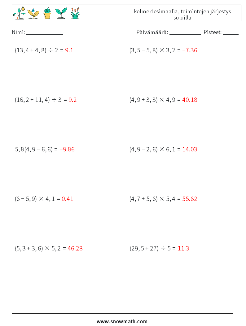 (10) kolme desimaalia, toimintojen järjestys suluilla Matematiikan laskentataulukot 8 Kysymys, vastaus