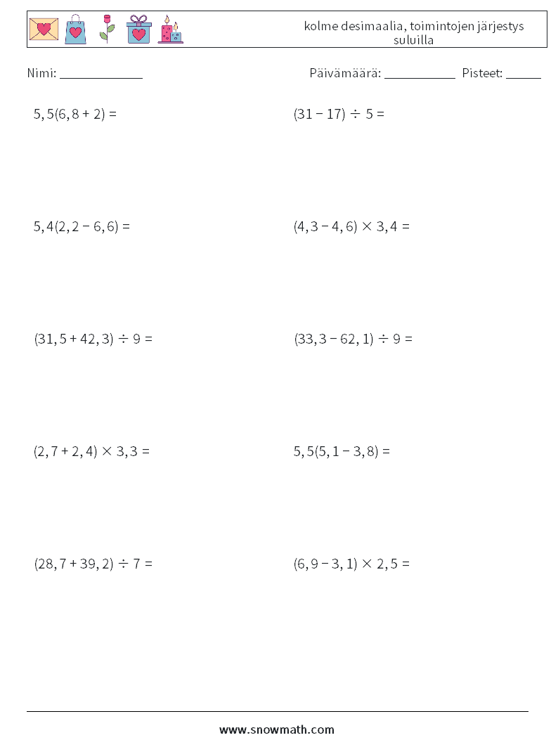 (10) kolme desimaalia, toimintojen järjestys suluilla Matematiikan laskentataulukot 9