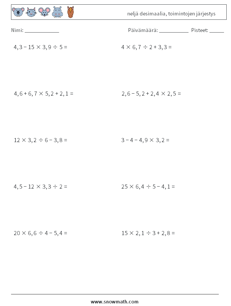 (10) neljä desimaalia, toimintojen järjestys Matematiikan laskentataulukot 18