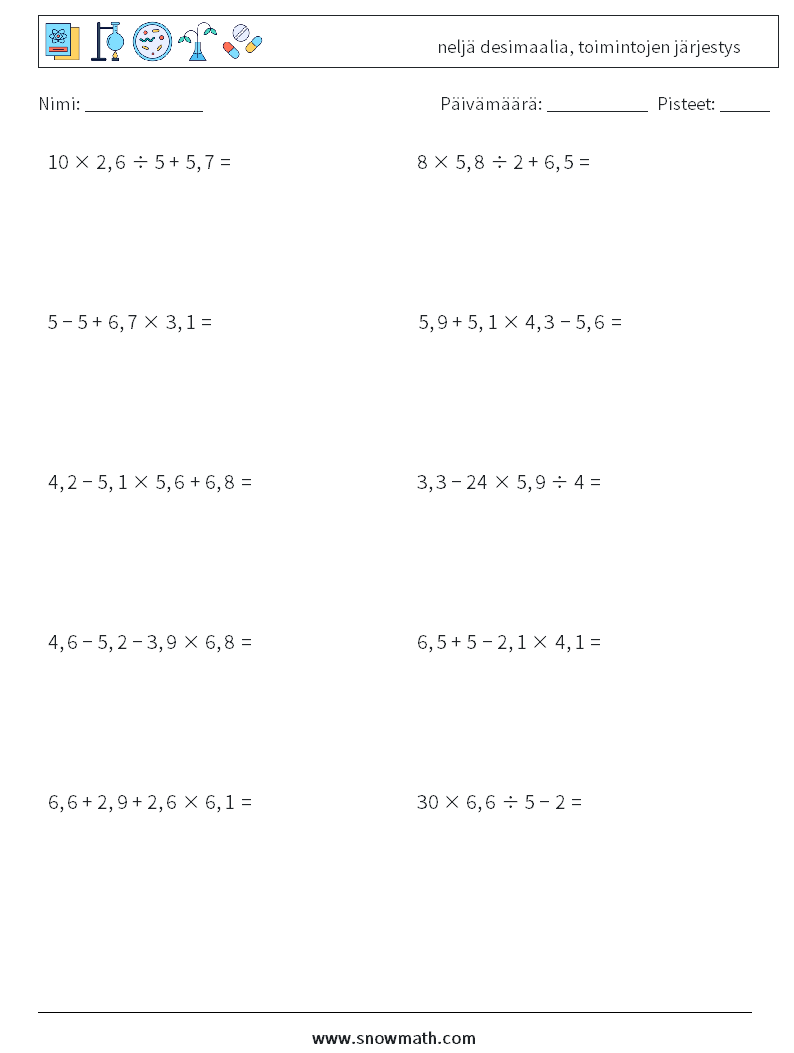 (10) neljä desimaalia, toimintojen järjestys Matematiikan laskentataulukot 5