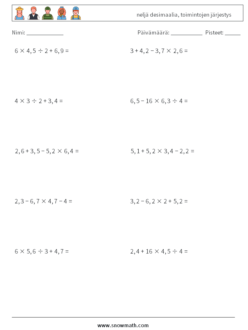 (10) neljä desimaalia, toimintojen järjestys Matematiikan laskentataulukot 9