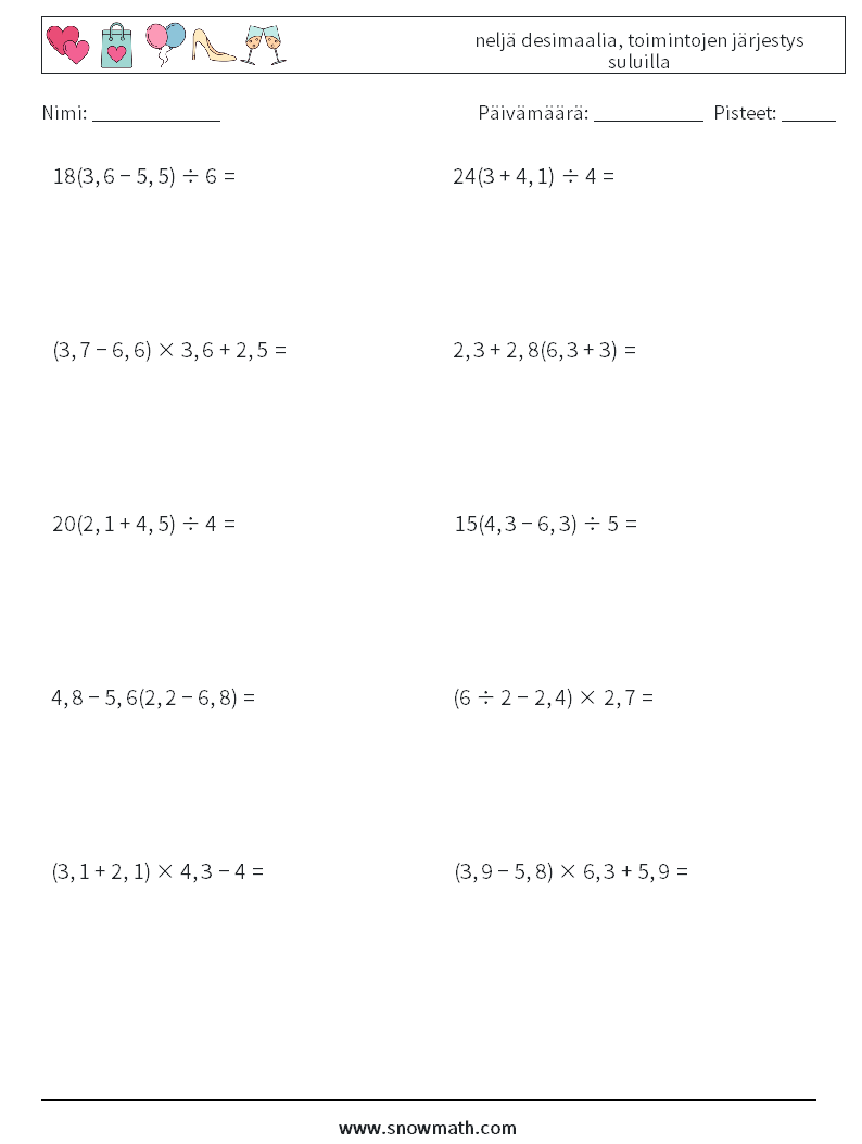 (10) neljä desimaalia, toimintojen järjestys suluilla Matematiikan laskentataulukot 1