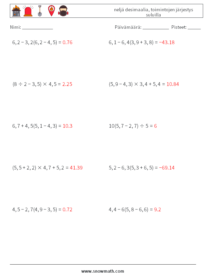 (10) neljä desimaalia, toimintojen järjestys suluilla Matematiikan laskentataulukot 10 Kysymys, vastaus