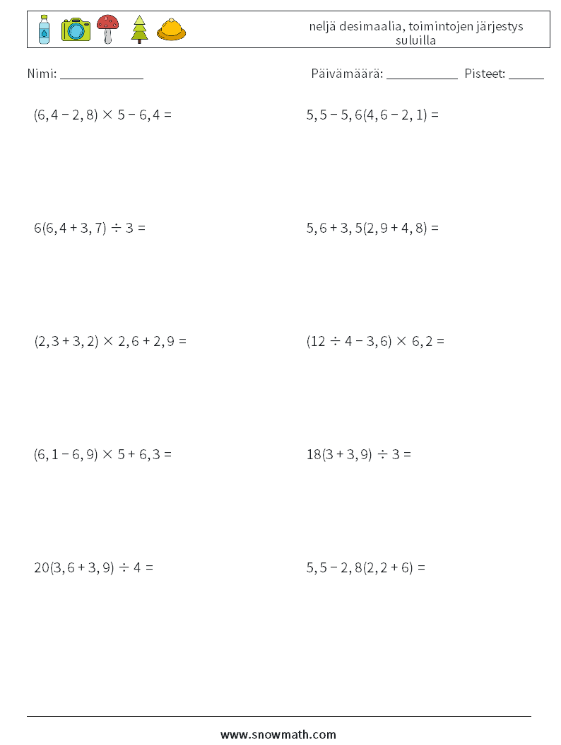 (10) neljä desimaalia, toimintojen järjestys suluilla Matematiikan laskentataulukot 13