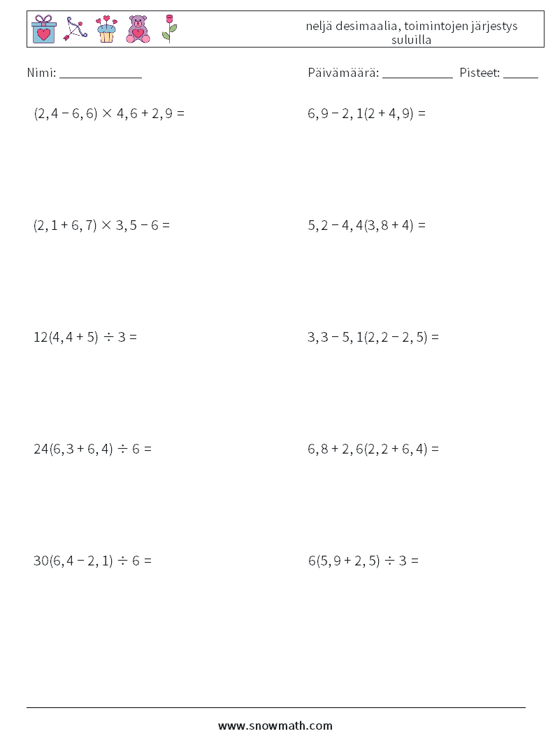 (10) neljä desimaalia, toimintojen järjestys suluilla Matematiikan laskentataulukot 14
