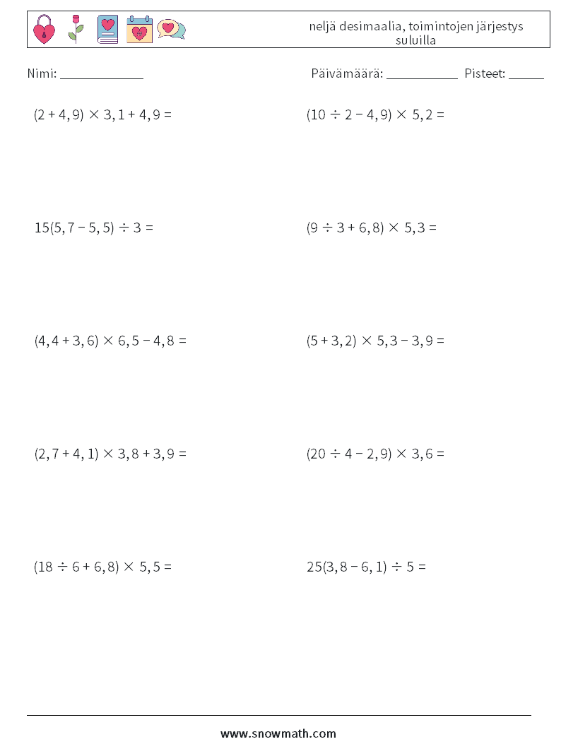 (10) neljä desimaalia, toimintojen järjestys suluilla Matematiikan laskentataulukot 15