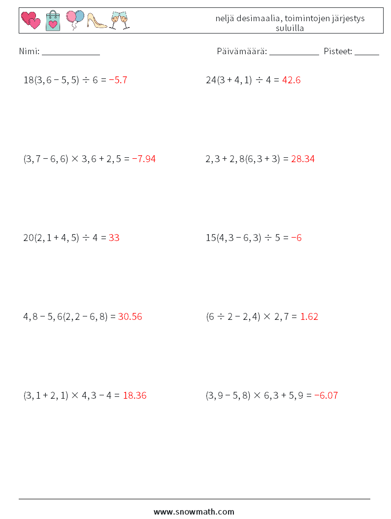 (10) neljä desimaalia, toimintojen järjestys suluilla Matematiikan laskentataulukot 1 Kysymys, vastaus