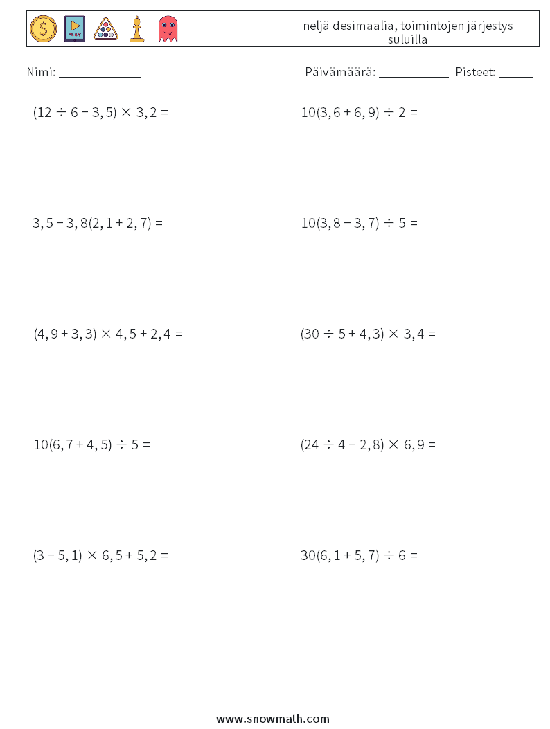 (10) neljä desimaalia, toimintojen järjestys suluilla Matematiikan laskentataulukot 7