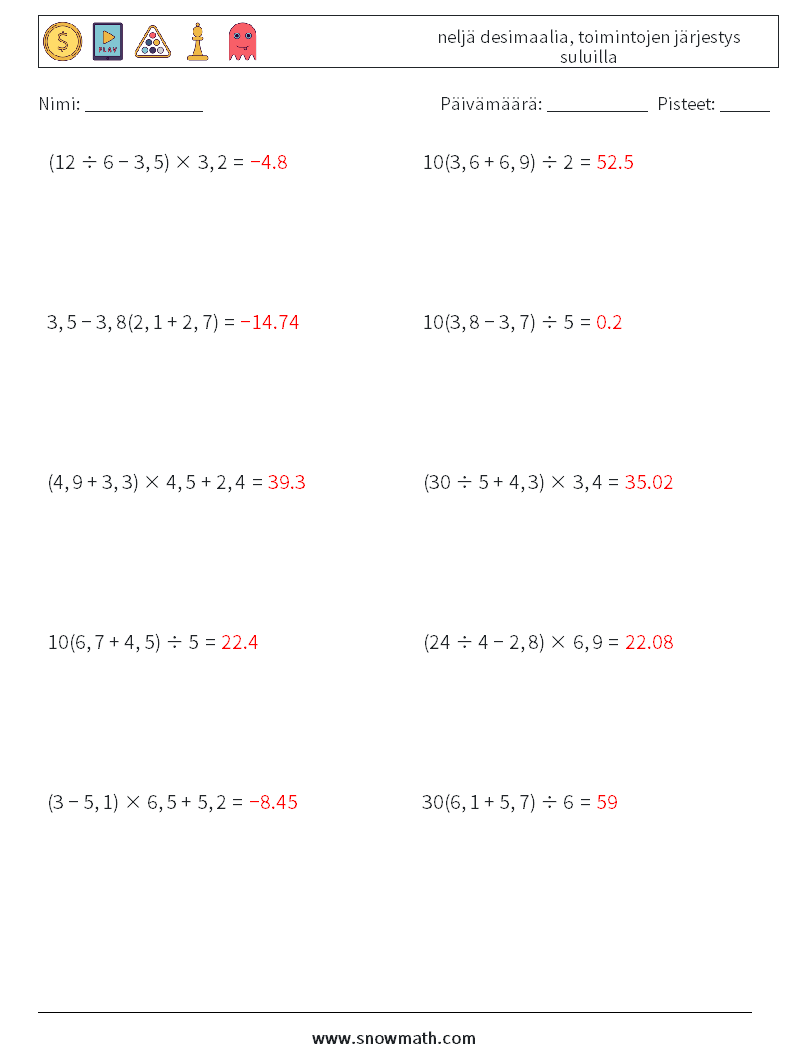 (10) neljä desimaalia, toimintojen järjestys suluilla Matematiikan laskentataulukot 7 Kysymys, vastaus