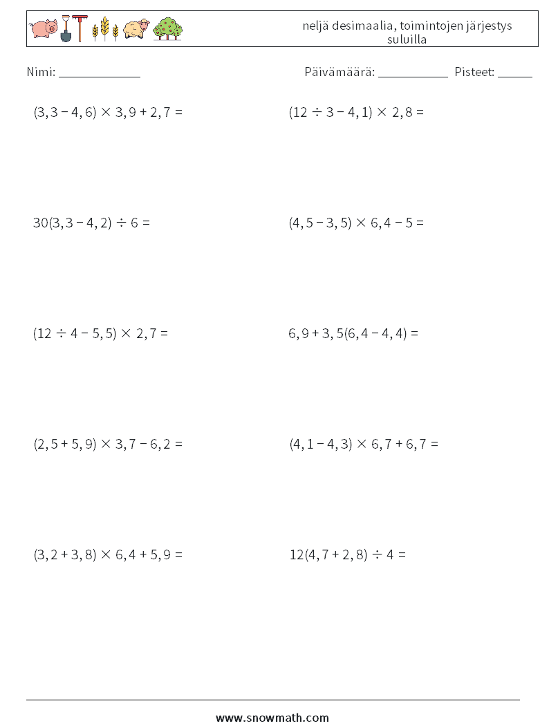 (10) neljä desimaalia, toimintojen järjestys suluilla Matematiikan laskentataulukot 8