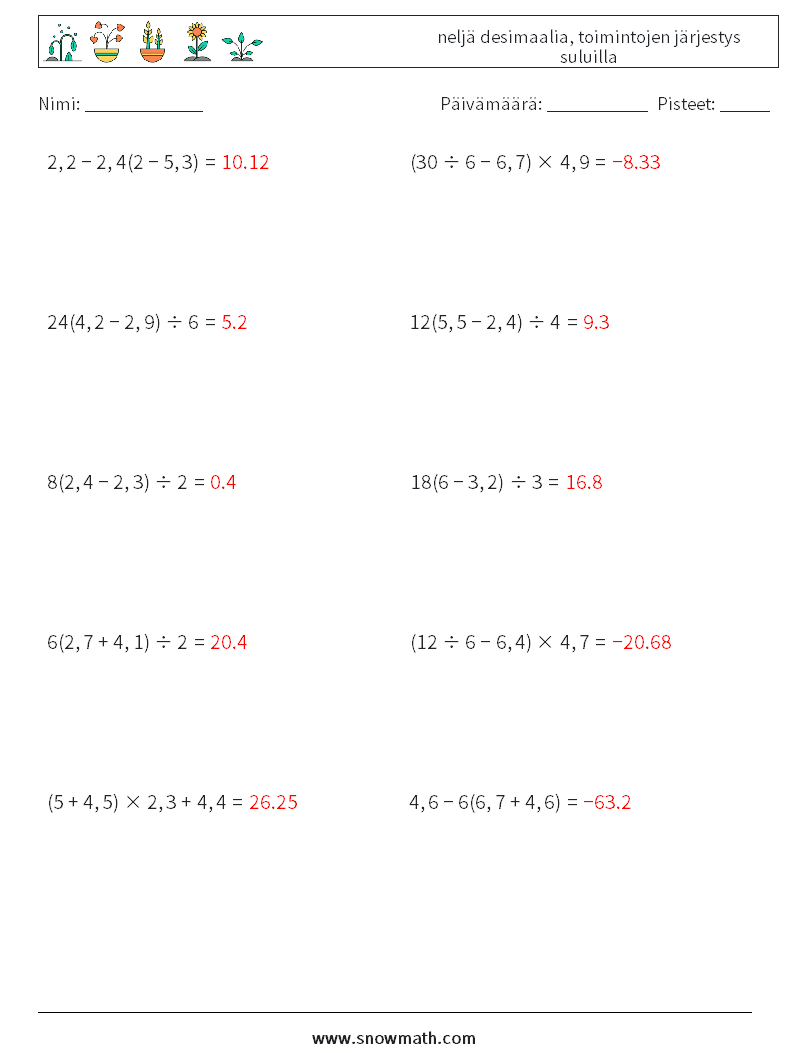 (10) neljä desimaalia, toimintojen järjestys suluilla Matematiikan laskentataulukot 9 Kysymys, vastaus