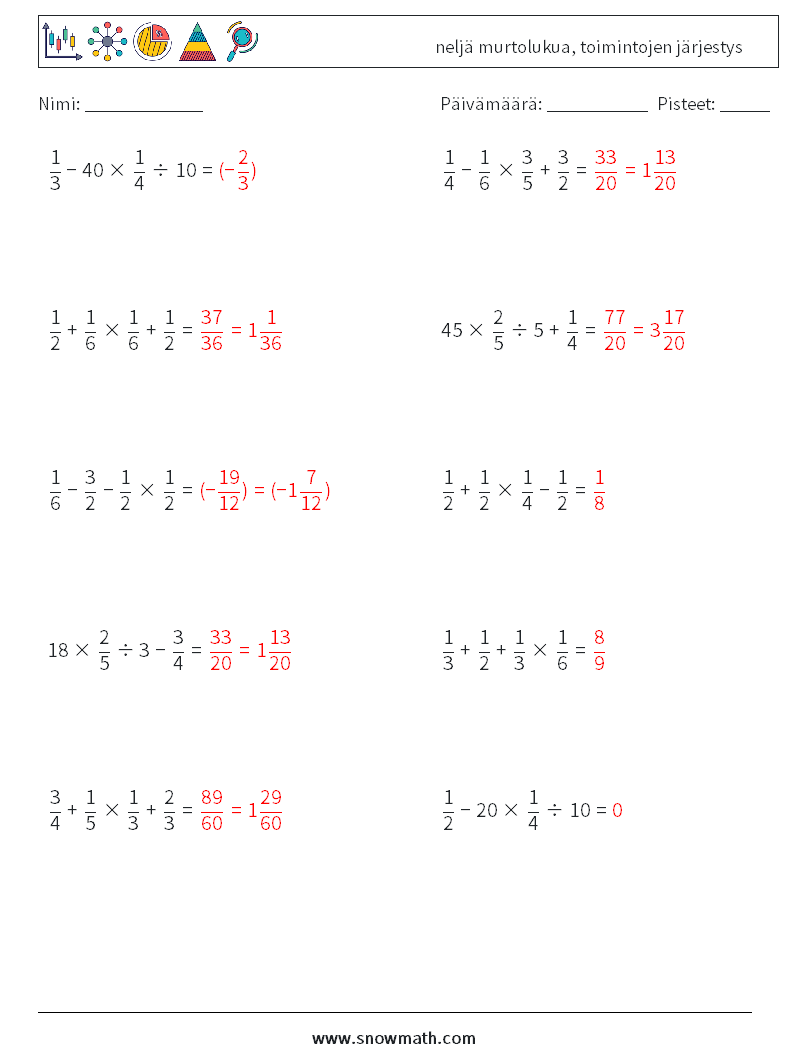 (10) neljä murtolukua, toimintojen järjestys Matematiikan laskentataulukot 10 Kysymys, vastaus