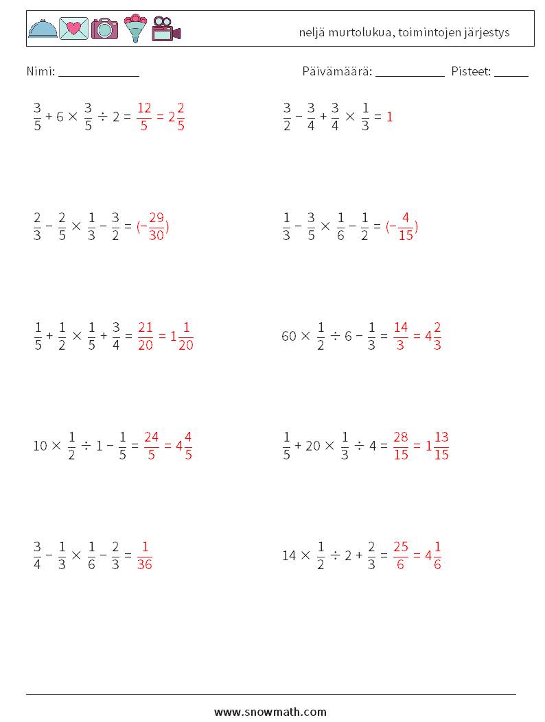 (10) neljä murtolukua, toimintojen järjestys Matematiikan laskentataulukot 13 Kysymys, vastaus