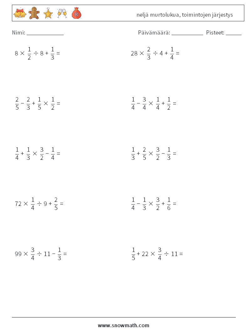 (10) neljä murtolukua, toimintojen järjestys Matematiikan laskentataulukot 14