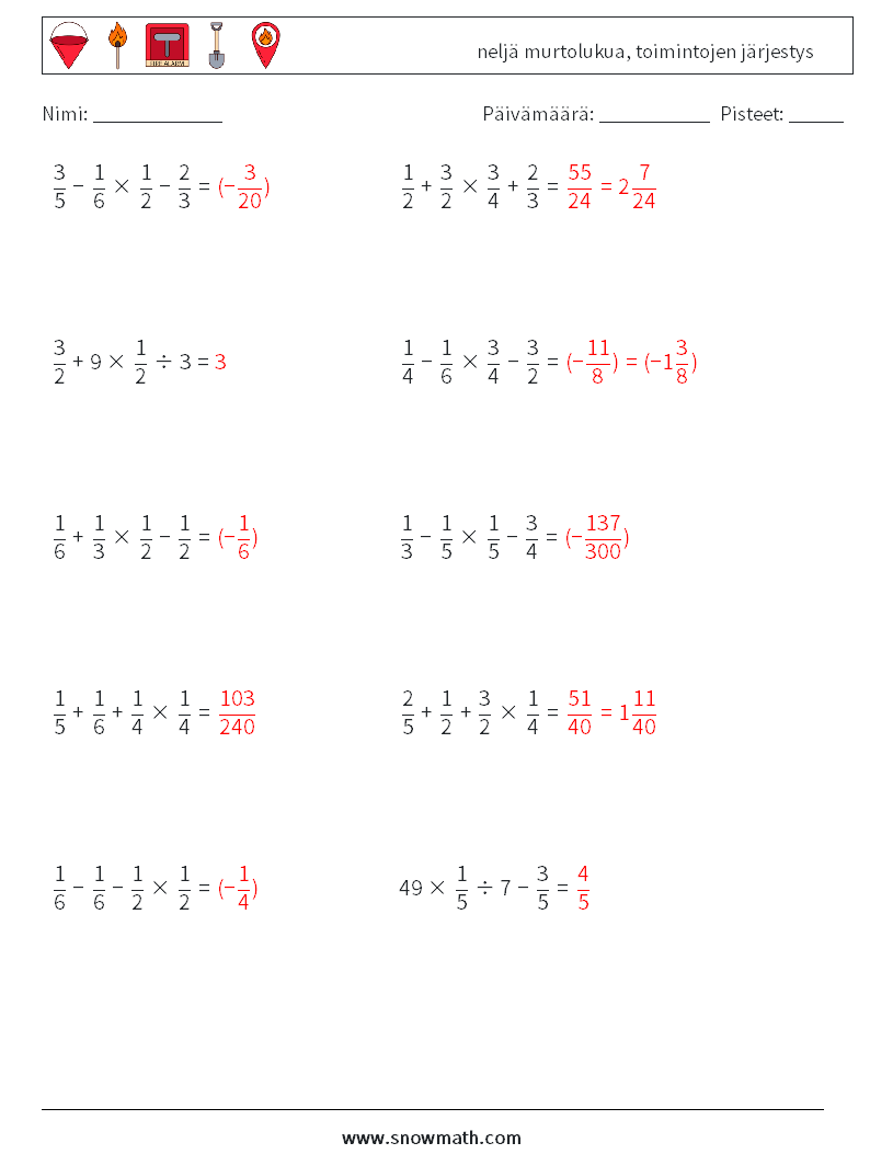 (10) neljä murtolukua, toimintojen järjestys Matematiikan laskentataulukot 16 Kysymys, vastaus