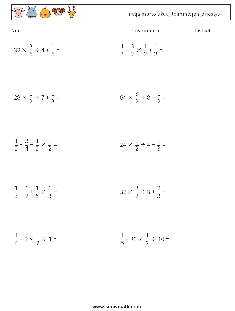 (10) neljä murtolukua, toimintojen järjestys Matematiikan laskentataulukot 17