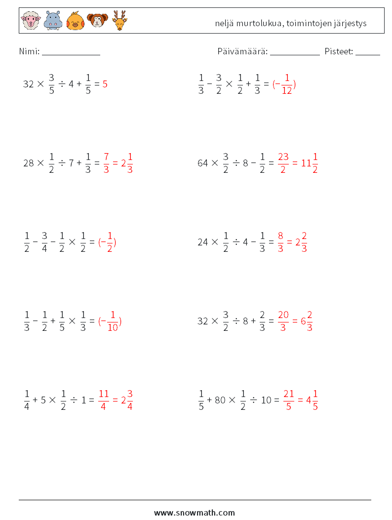 (10) neljä murtolukua, toimintojen järjestys Matematiikan laskentataulukot 17 Kysymys, vastaus
