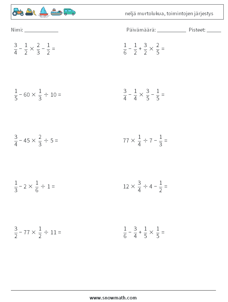 (10) neljä murtolukua, toimintojen järjestys Matematiikan laskentataulukot 18
