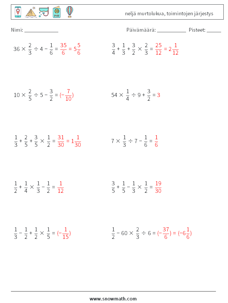 (10) neljä murtolukua, toimintojen järjestys Matematiikan laskentataulukot 2 Kysymys, vastaus