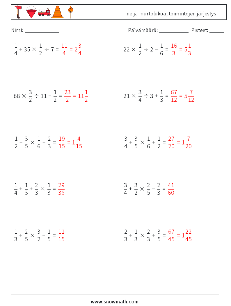 (10) neljä murtolukua, toimintojen järjestys Matematiikan laskentataulukot 3 Kysymys, vastaus