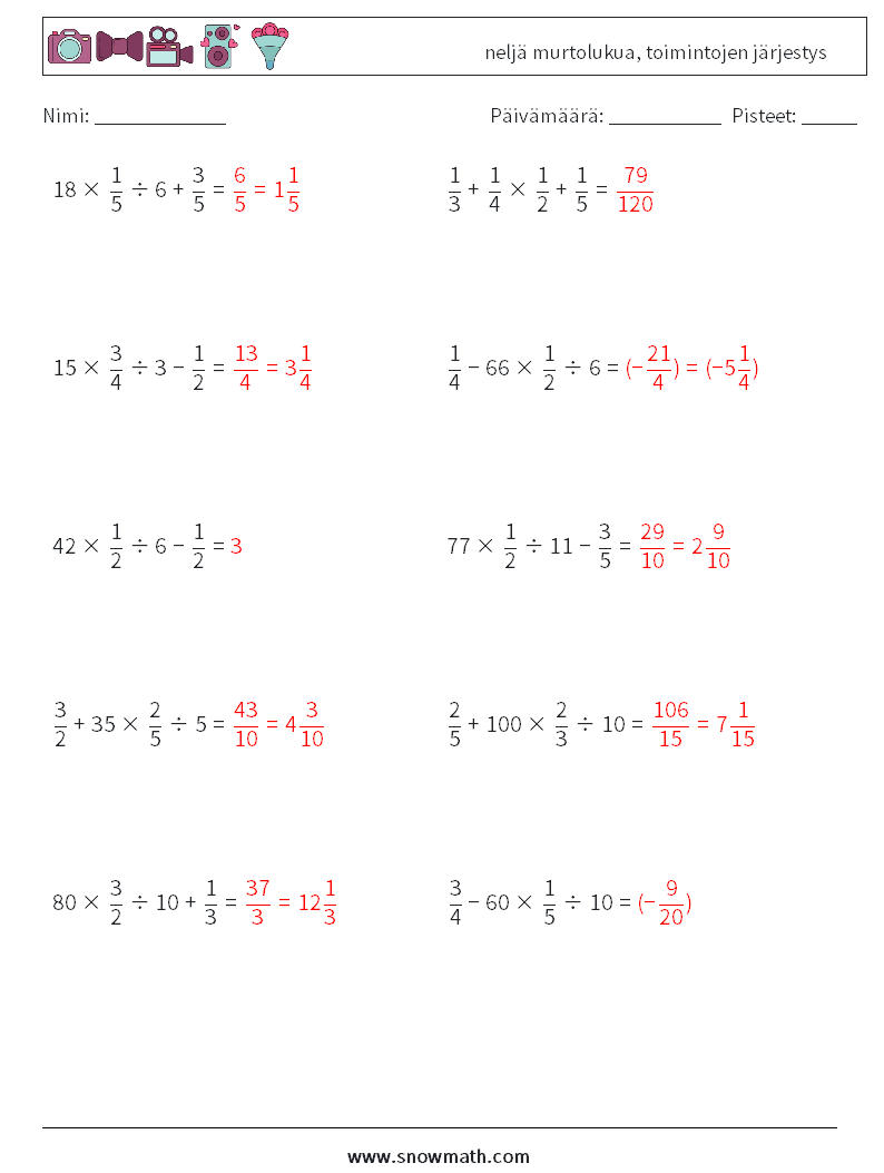 (10) neljä murtolukua, toimintojen järjestys Matematiikan laskentataulukot 4 Kysymys, vastaus