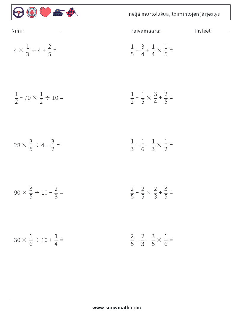 (10) neljä murtolukua, toimintojen järjestys Matematiikan laskentataulukot 5