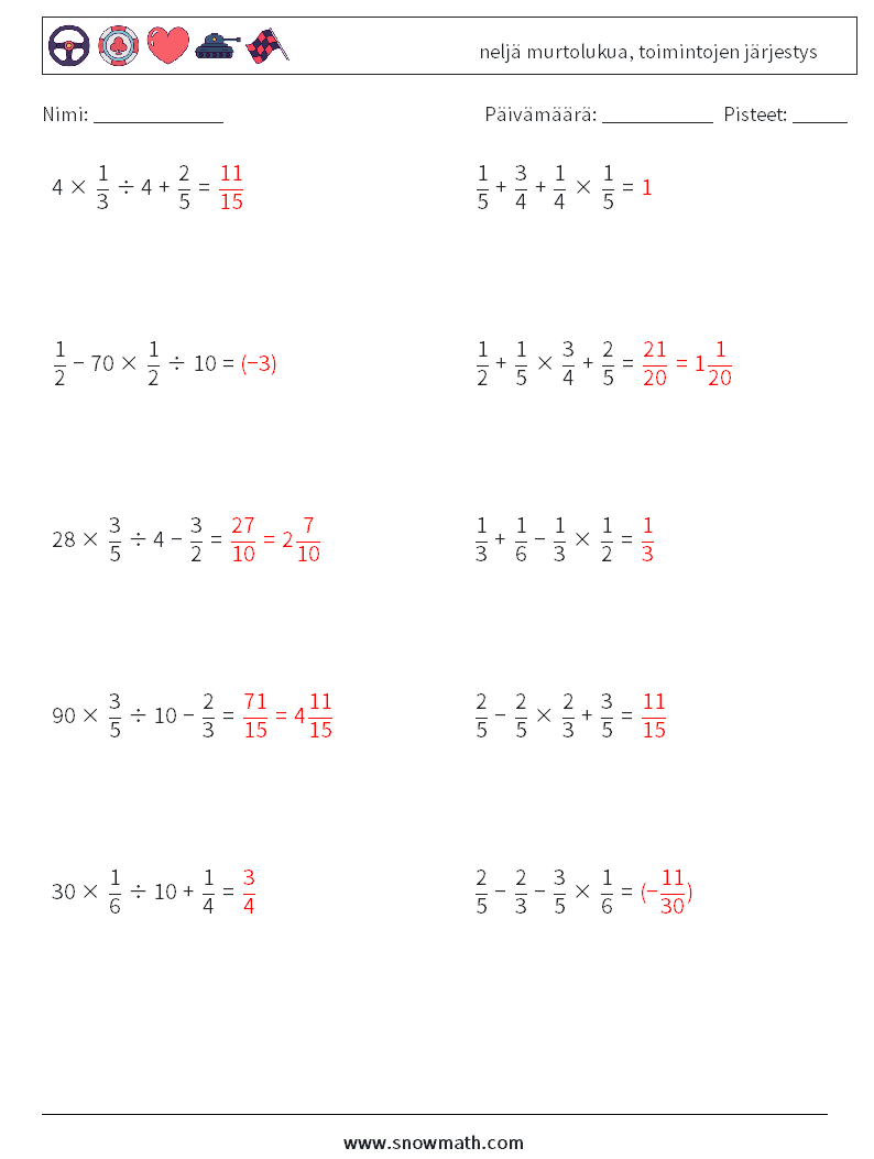 (10) neljä murtolukua, toimintojen järjestys Matematiikan laskentataulukot 5 Kysymys, vastaus