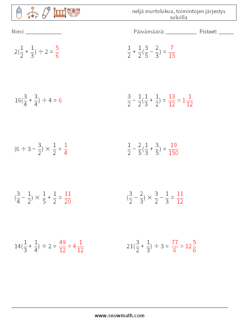 (10) neljä murtolukua, toimintojen järjestys suluilla Matematiikan laskentataulukot 9 Kysymys, vastaus