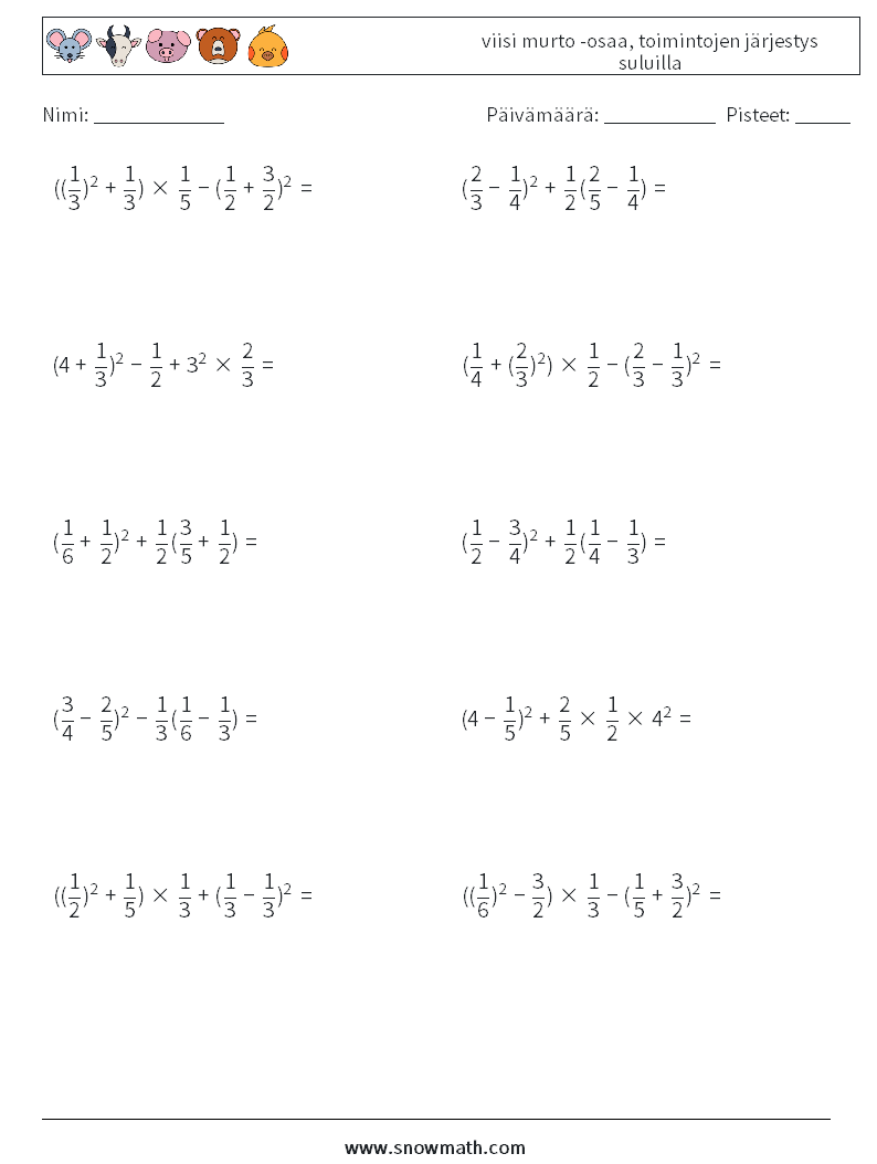(10) viisi murto -osaa, toimintojen järjestys suluilla Matematiikan laskentataulukot 2