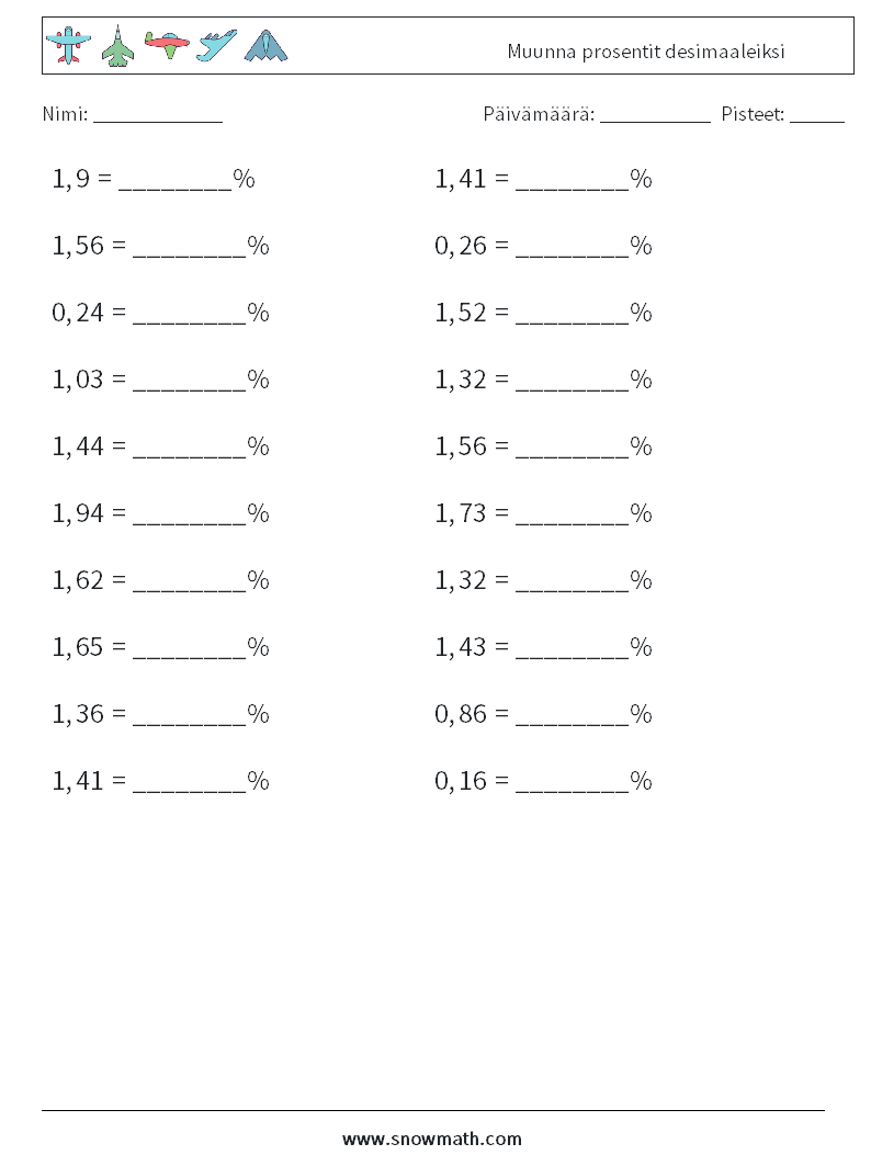 Muunna prosentit desimaaleiksi Matematiikan laskentataulukot 1