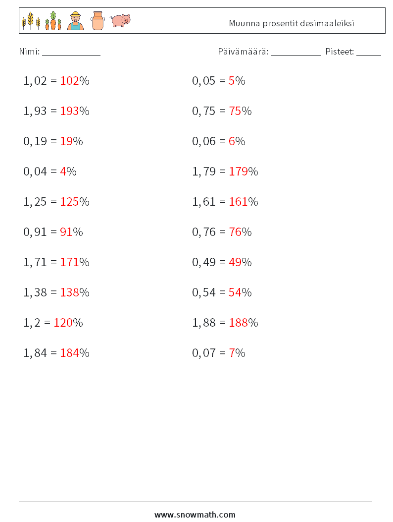 Muunna prosentit desimaaleiksi Matematiikan laskentataulukot 2 Kysymys, vastaus